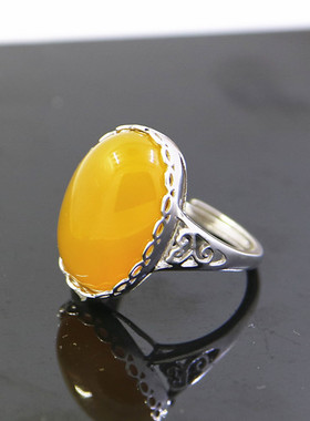 纯银镶嵌蜜蜡戒指空托