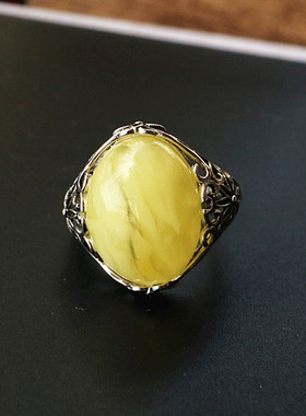 纯银镶嵌复古蜜蜡琥珀戒指空托