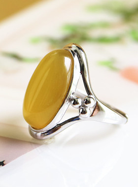 纯银镶嵌琥珀蜜蜡定做开口戒指