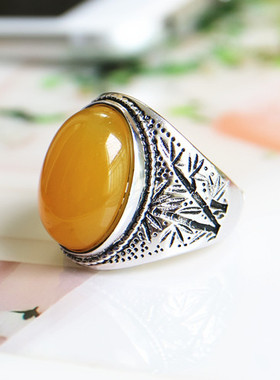 纯银镶嵌复古蜜蜡琥珀戒指空托