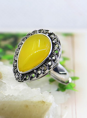 纯银定做琥珀镶嵌水滴戒指空托