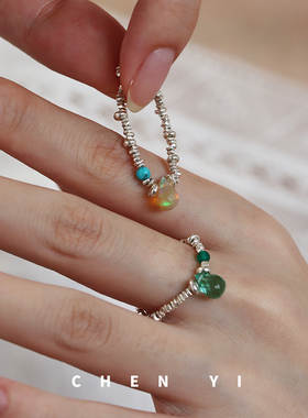 中古轻奢天然石碎银子叠戴戒指女