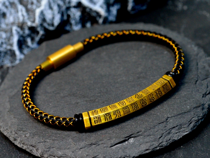 足金百福弯管手链福气满满黑金国潮复古个性皮绳手串情侣手绳 - 图2