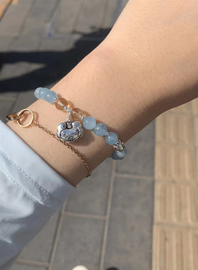 北京香灰手串海宝蓝水晶手串转运手链送朋友女友礼物宝石带证书