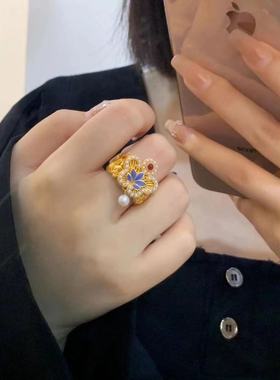 新中式高级感黄金色国潮花丝蝴蝶戒指时尚气质百搭高级食指戒女款