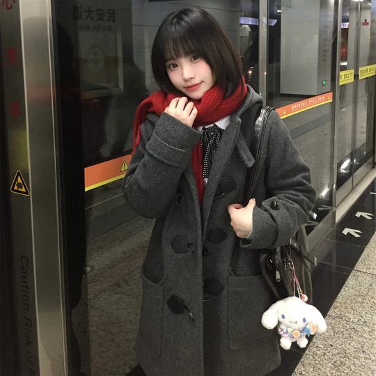 花千猪原创 栗原中大衣 学院风校供感jk制服中短款灰色连帽呢大衣