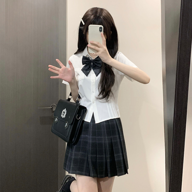 花千猪原创  学姐风白色收腰短袖衬衫女夏季学院风jk短款制服 - 图0