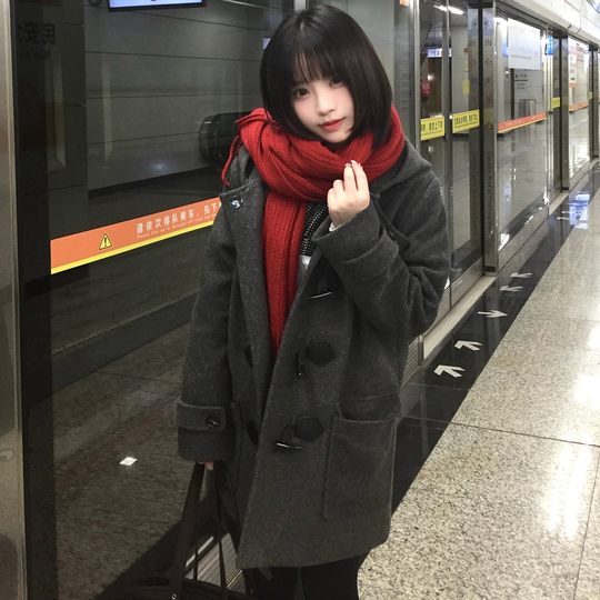 花千猪原创 栗原中大衣 学院风校供感jk制服中短款灰色连帽呢大衣