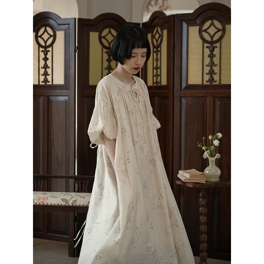 然而和风新中式国风文艺复古竹子印花圆领系带宽松裙子连衣裙女