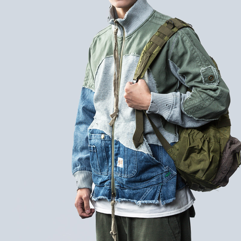 风格重工水洗破洞贴布军事风牛仔拼接复古潮牌立领夹克外套男 GL 风格重工水洗破洞贴布军事风牛仔拼接复古潮牌立领夹克外套男 GL