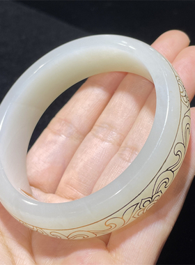 小石头和田白玉手镯宽条