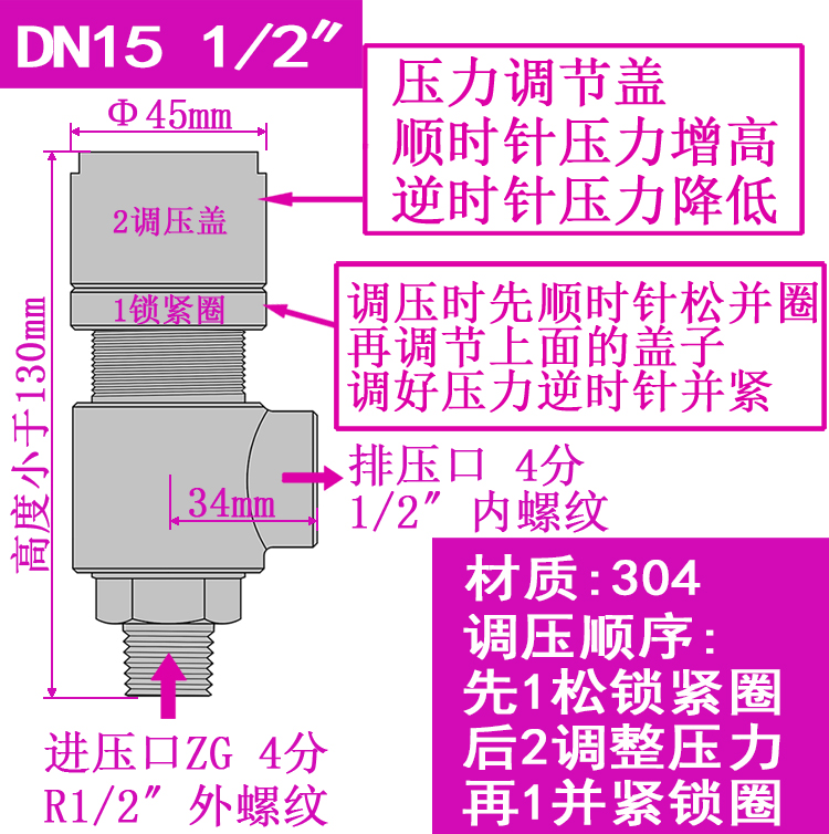 不锈钢螺纹式可调节式排压减压泄压阀4分3分 DN10 DN15压力泄放阀 - 图1