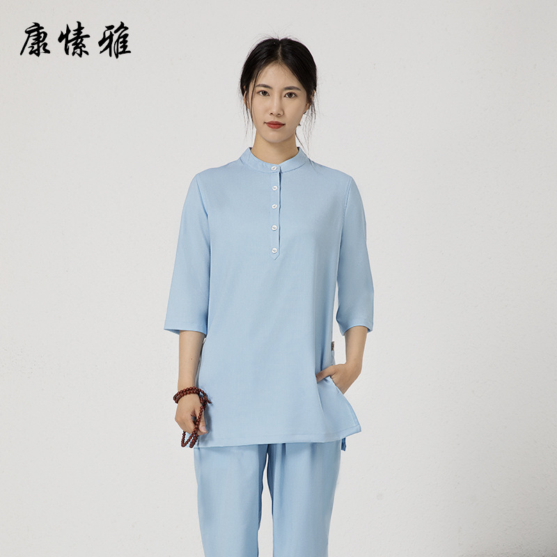 新品中国风仙气禅意八段锦太极练功服棉麻茶服居士服女打坐服套装 - 图3