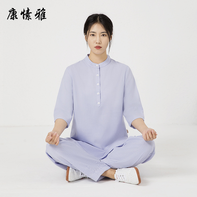 新品中国风仙气禅意八段锦太极练功服棉麻茶服居士服女打坐服套装 - 图0