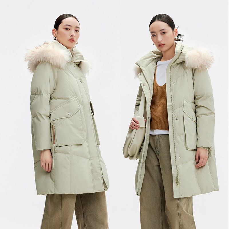千仞岗大牌长款显瘦连帽貉子毛领加厚气质简约羽绒服外套