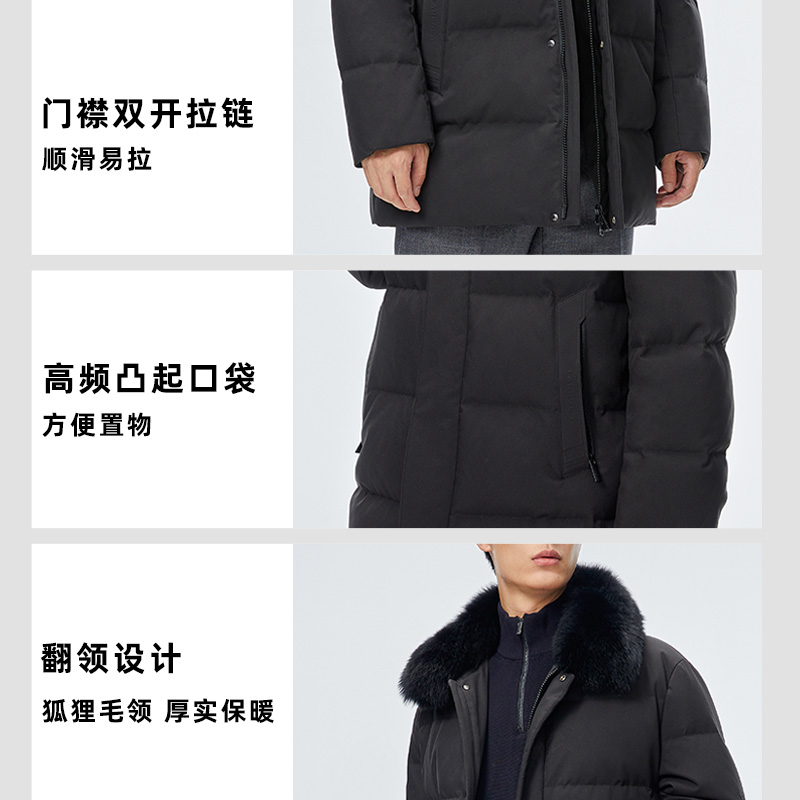 千仞岗男士中长款加厚狐狸毛领防风保暖羽绒服