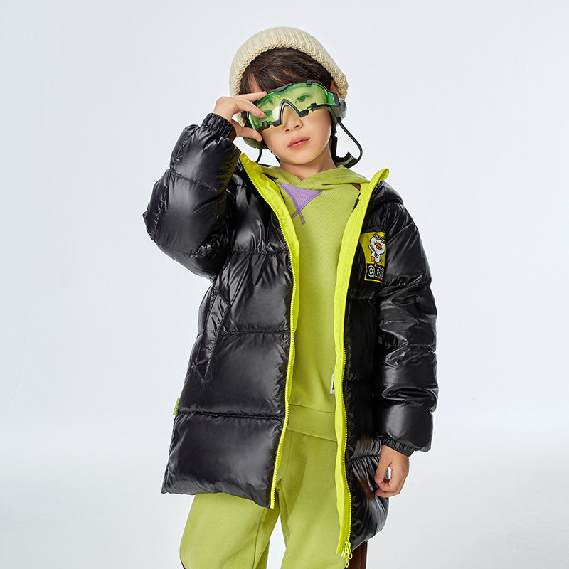 千仞岗新品儿童潮流保暖亮面独特设计中长款童装羽绒服