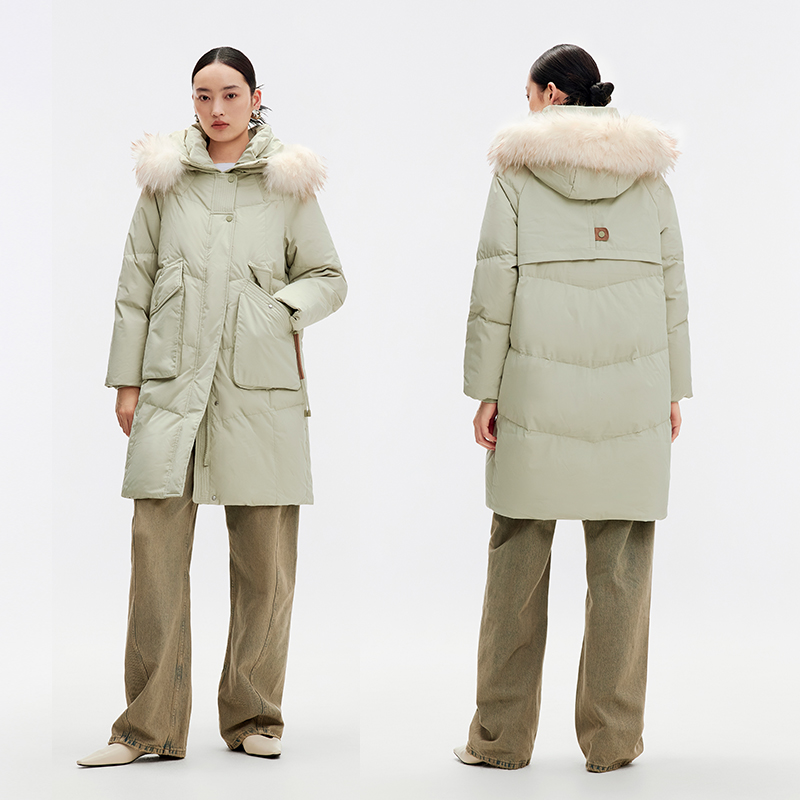 千仞岗大牌长款显瘦连帽貉子毛领加厚气质简约羽绒服外套