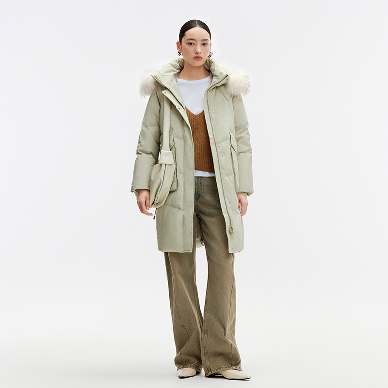 千仞岗大牌长款显瘦连帽貉子毛领加厚气质简约羽绒服外套