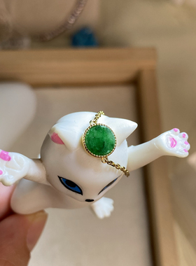 天然缅甸翡翠A货满色辣绿圆牌链条戒指18K黄金镶嵌可调节随意慵懒