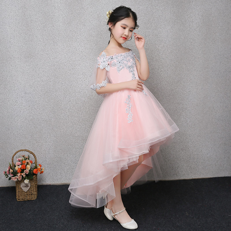 一字肩儿童生日粉色女童模特晚礼服 益伟服饰儿童礼服