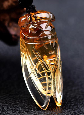 深橘黄水晶知了玉蝉吊坠金蝉项链