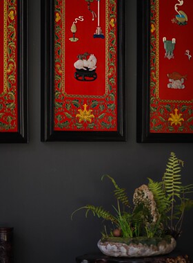 百宝嵌挂屏四条屏别墅豪宅会所酒店茶室画室书房家居红木装饰挂画