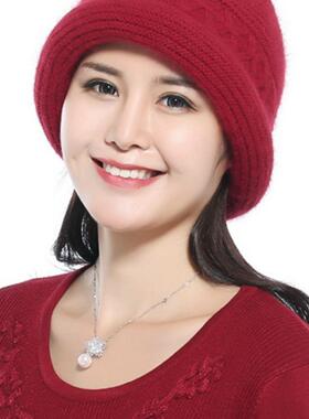 冬天中年妈妈保暖帽羊兔毛针织帽奶奶毛线帽加绒老人帽子女厚棉帽