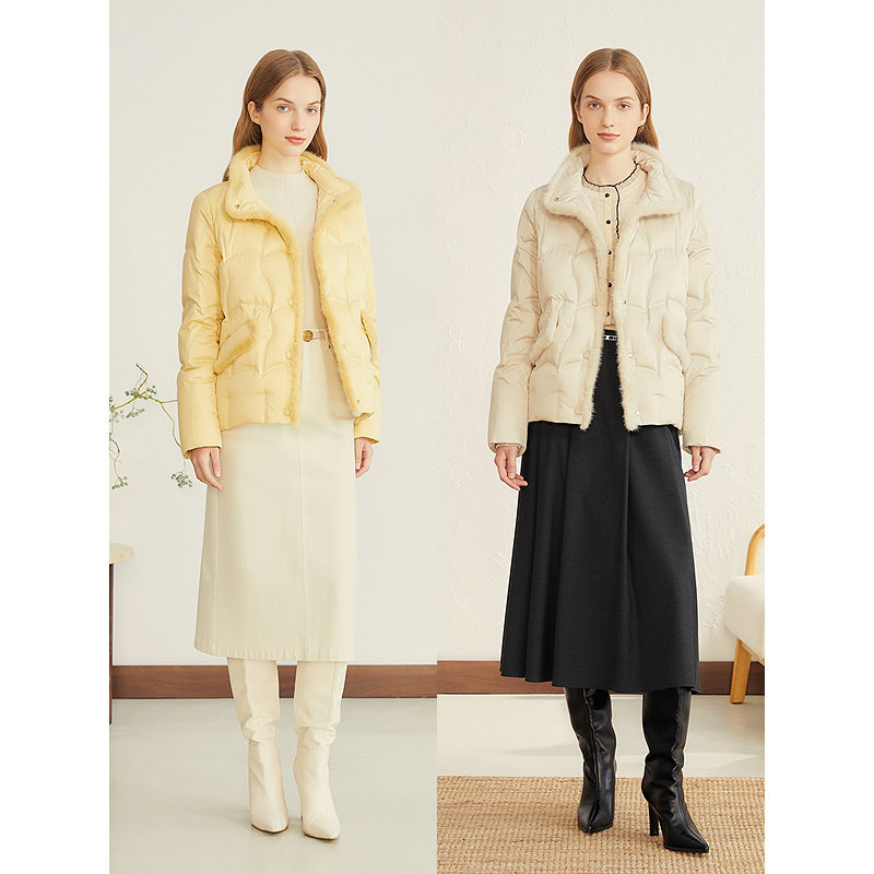 YINER音儿专选2025冬季新款法式轻柔保暖水貂毛边立领茧型羽绒服,淘宝优惠券,粉丝福利购,淘宝优惠卷