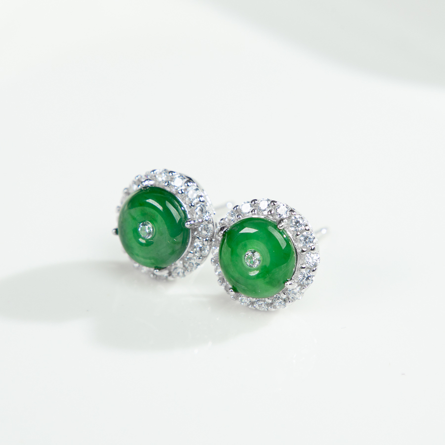 时尚S925银镶天然A货翡翠蛋面阳绿平安扣耳钉女士玉石耳饰带证书 - 图1