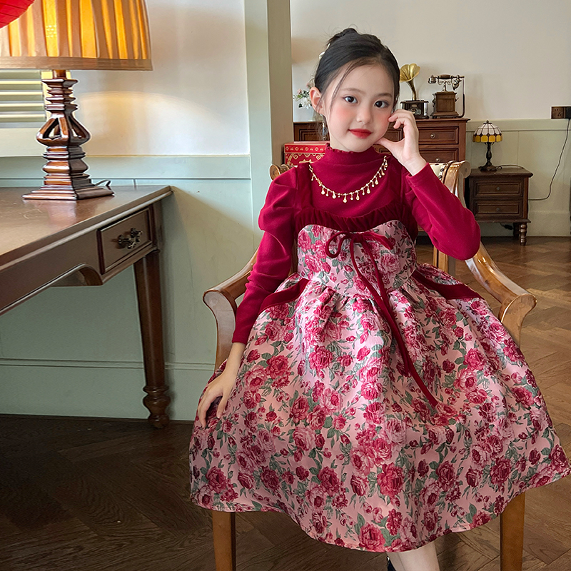 栀了成长记童装女童红色吊带裙时髦洋气宝宝裙子儿童新年连衣裙 - 图1