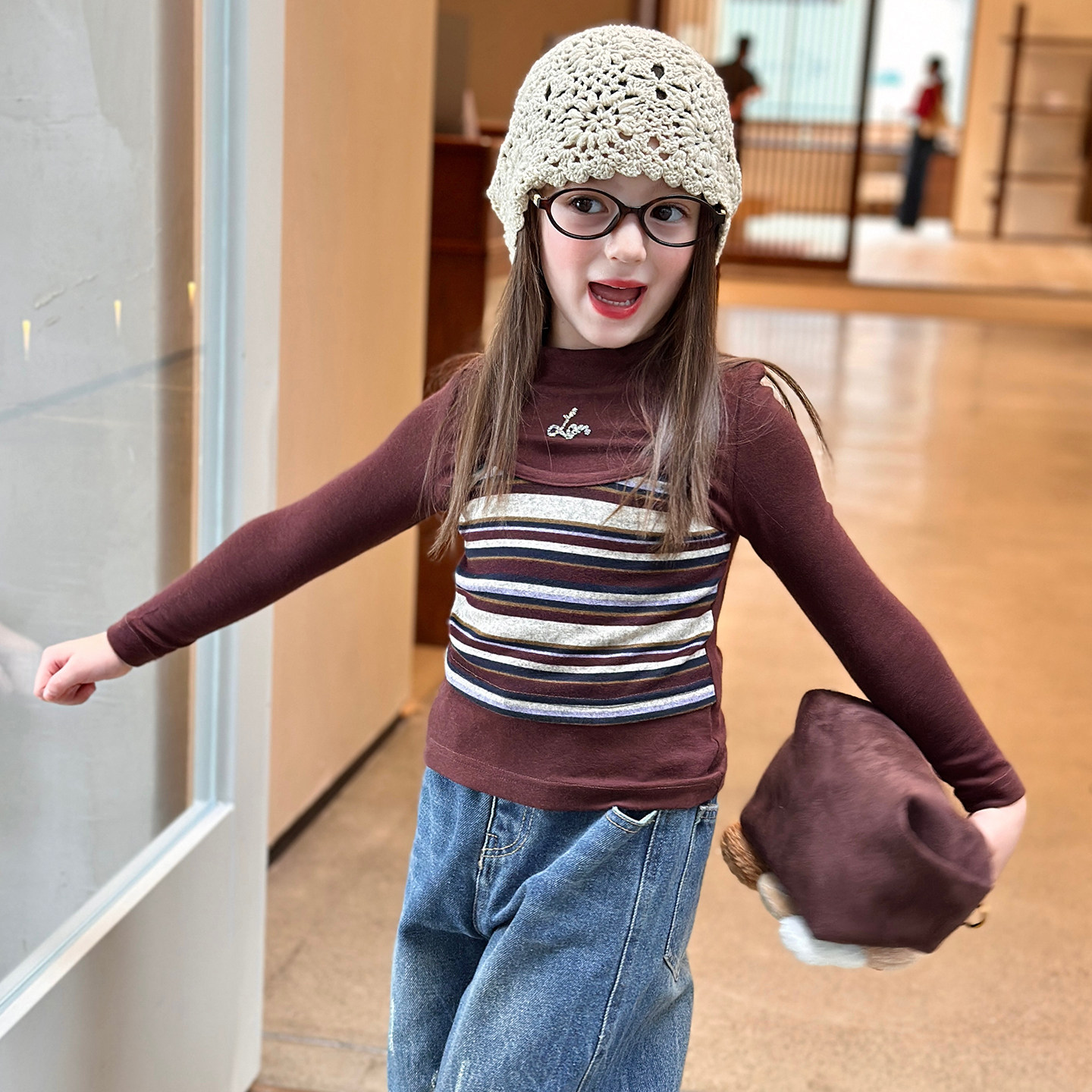 栀了成长记童装女童设计感仿羊绒条纹上衣2026春季儿童假两件T恤,淘宝优惠券,粉丝福利购,淘宝优惠卷