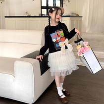 Original childrens clothing Girls Han version Design Dress Shirt Dress Autumn Dress New Children Splicing Mesh Yarn Sweater Dress T-shirt Dress