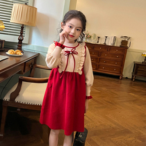 Gardenia Growth Scooters Girl Clothing Girl Little Scents Woolen Sweaty Weaselwear Dresses Autumn Winter Children Lotus Leaf Side Red Knit Dresses