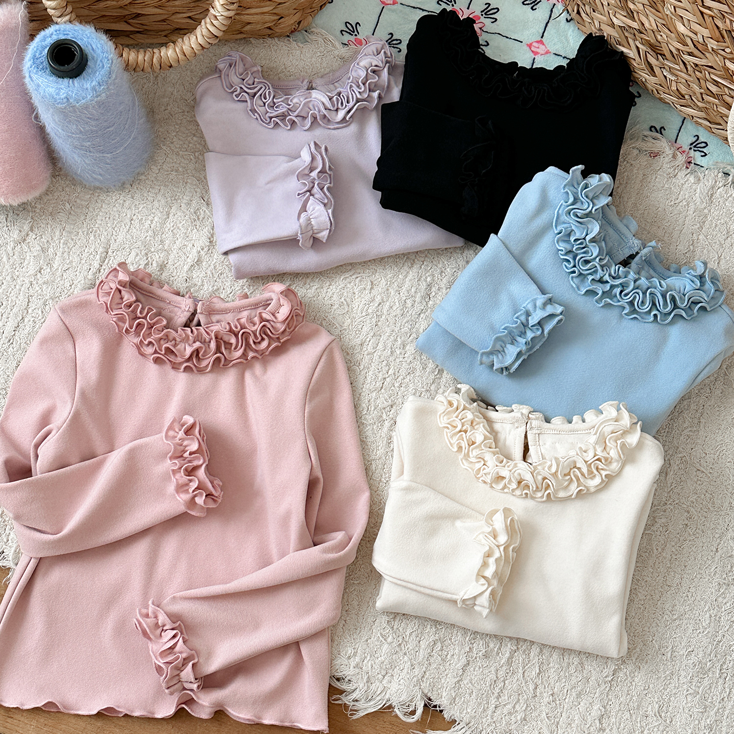 栀了成长记童装女童双面德绒打底衫2025冬季儿童百搭加厚花边上衣 - 图1