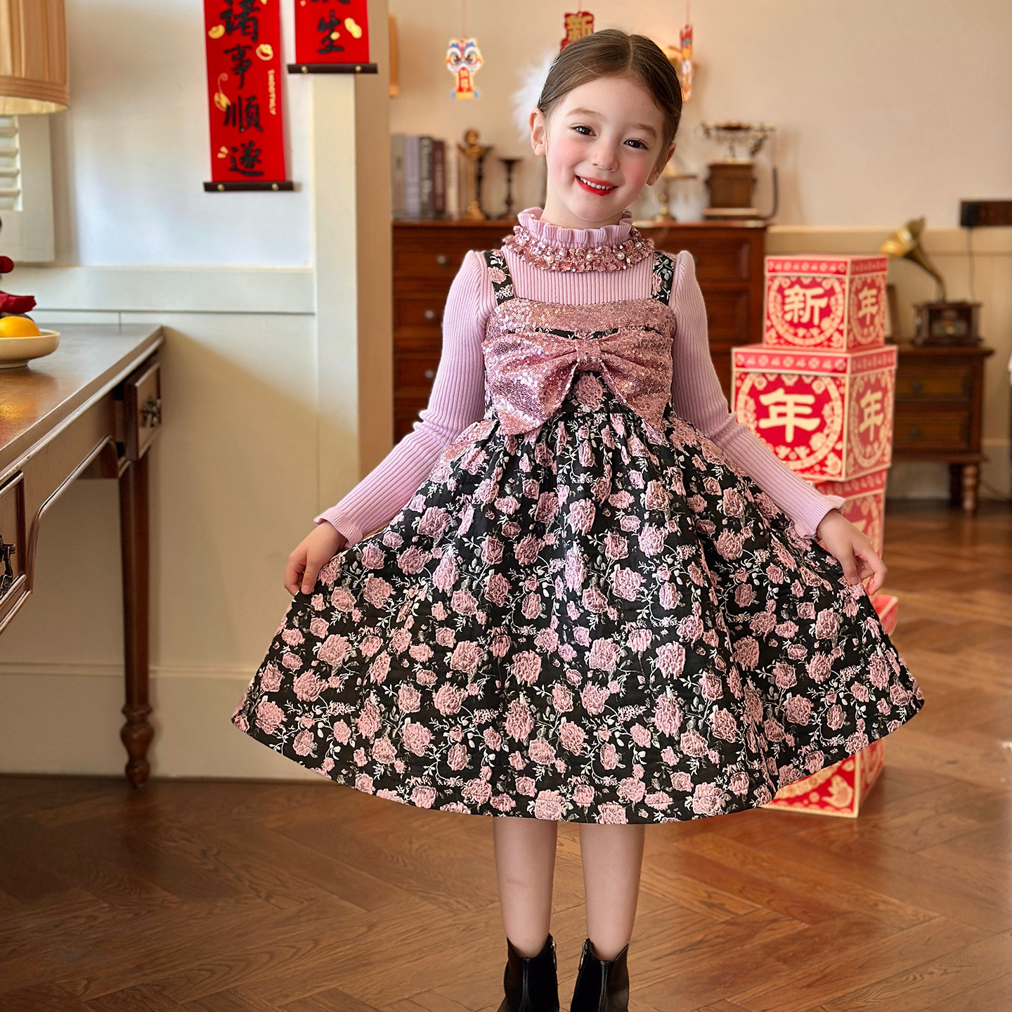 栀了成长记女童装复古甜美吊带裙2025冬季儿童加绒提花亮片连衣裙,淘宝优惠券,粉丝福利购,淘宝优惠卷
