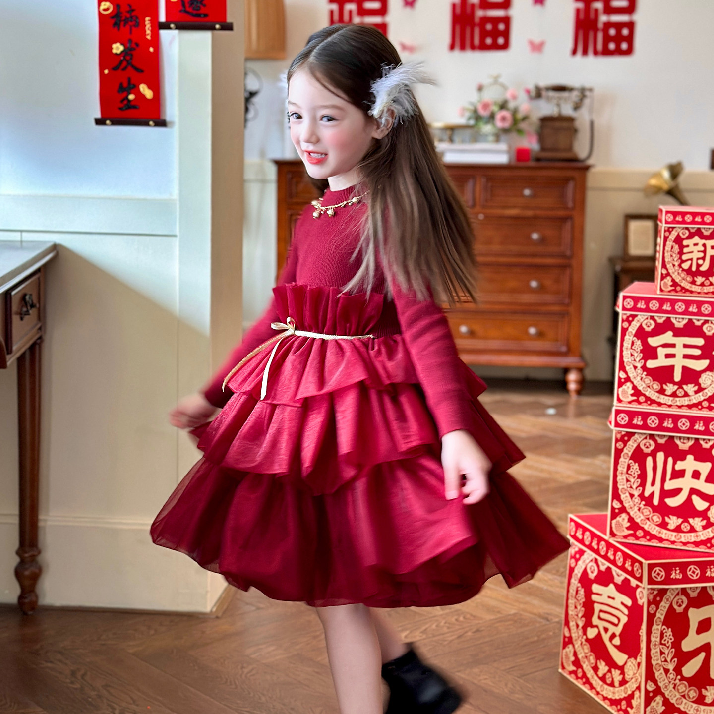 栀了成长记女童装红色针织连衣裙2025冬季儿童新年加绒网纱公主裙,淘宝优惠券,粉丝福利购,淘宝优惠卷