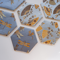 Dragonfly folding fan hexagonal cup cushion retro country windy brocade teapot tea cup cushion tea road accessories