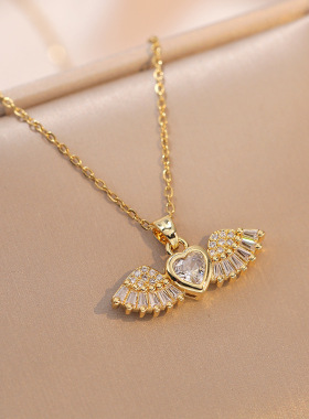 母亲节520礼物华丽天使翅膀项链 女轻奢小众设计新款钛钢镶钻项链