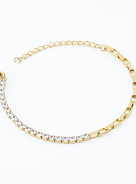 欧美时尚不锈钢镶钻项链女小众设计感18K金色钛钢盒子链手链ins女