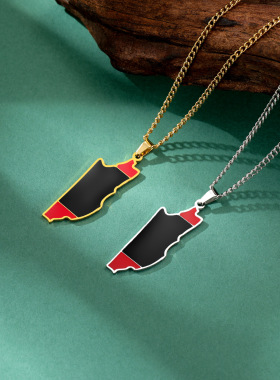 出口热销钛钢切割潮流个性时尚滴油地图吊坠不锈钢项链