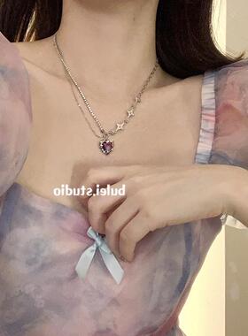 东菊钛钢紫色爱心闪钻甜酷项链原宿小安妮吊坠卫衣链辣妹潮配