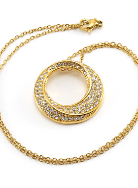 跨境不锈钢欧美时尚复古ins风镶钻项链钛钢电镀镶锆石圆形吊坠女