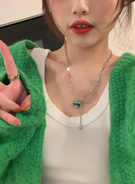 韩版小众设计绿色爱心钛钢项链女百搭感流苏爱心锁骨链配饰品