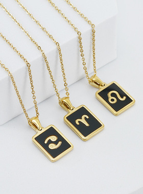 跨境18K不锈钢黑色12星座项链女时尚百搭黑色钛钢十二星座吊坠女