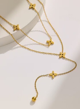 真金电镀通体钛钢双层十字花项链简约气质轻奢感配饰