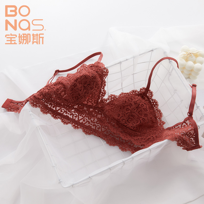 宝娜斯服饰旗舰店宝娜斯夏季内衣女文胸美背无钢圈法式三角杯蕾丝小胸性感薄款胸罩1