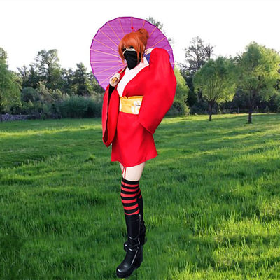 动漫银魂吉原神乐cos服红色和服女cosplay服装假发簪子筒袜伞现货 虎窝淘