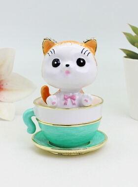 猫咪咖啡杯珐琅彩合金首饰盒