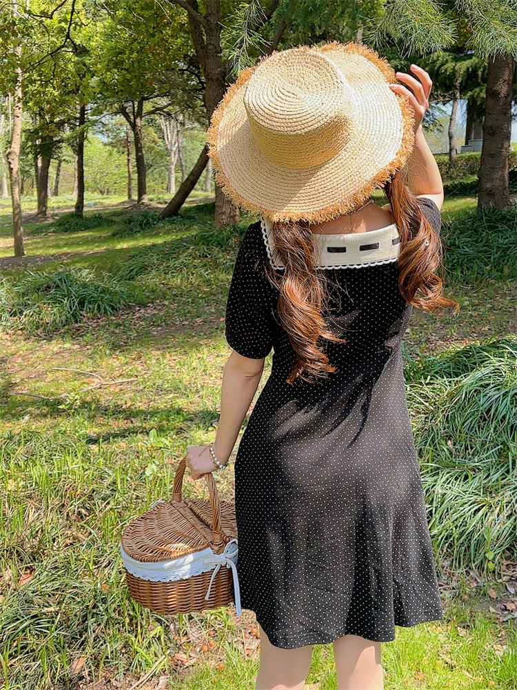 实拍敲高性价比F原 复古甜美领结方领高腰显瘦全棉针织短袖连衣裙 - 图2